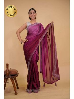Isadora Life - Womens Beads Sequined Purple Pre-Draped Saree with Unstitched Blouse
