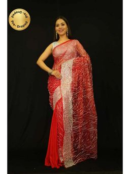 Isadora Life - Womens Beads Sequined Red Pre-Draped Saree with Unstitched Blouse