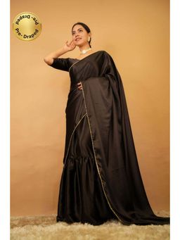 Isadora Life - Womens Solid Beads Black Pre-Draped Saree with Unstitched Blouse