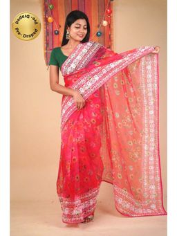 Isadora Life - Womens Floral Embroidered Pink Pre-Draped Saree with Unstitched Blouse
