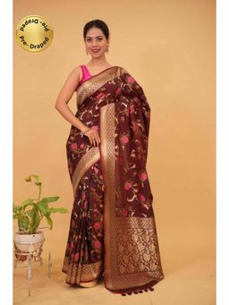 Isadora Life - Womens Floral Woven Brown Pre-Draped Saree with Unstitched Blouse
