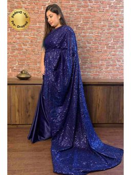 Isadora Life - Womens Sequined Blue Pre-Draped Saree with Unstitched Blouse