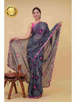 Isadora Life - Womens Bandhani Printed Navy Blue Pre-Draped Saree with Unstitched Blouse
