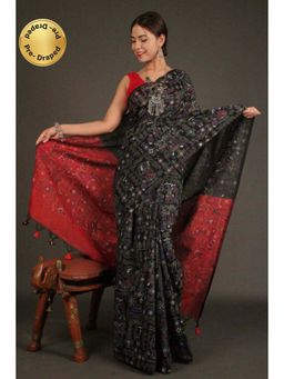Isadora Life - Womens Printed Tassels Black Pre-Draped Saree with Unstitched Blouse
