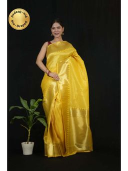 Isadora Life - Womens Woven Zari Yellow Pre-Draped Saree with Unstitched Blouse