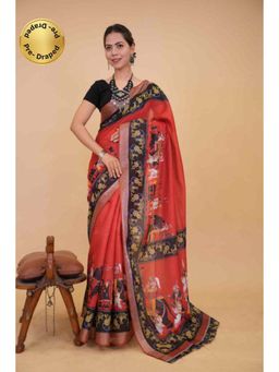 Isadora Life - Womens Graphic Printed Pink Pre-Draped Saree with Unstitched Blouse