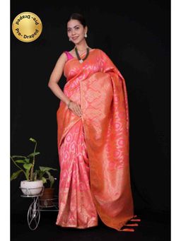 Isadora Life - Womens Woven Zari Pink Pre-Draped Saree with Unstitched Blouse