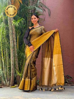 Isadora Life - Womens Solid Tassels Brown Pre-Draped Saree with Unstitched Blouse