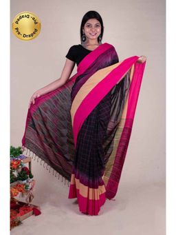 Isadora Life - Womens Checks Tassels Black Pre-Draped Saree with Unstitched Blouse