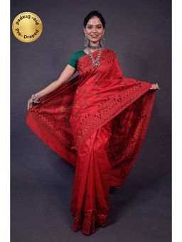Isadora Life - Womens Embroidered Thread Work Red Pre-Draped Saree with Unstitched Blouse