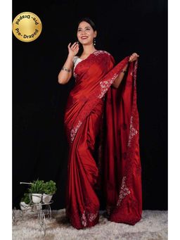 Isadora Life - Womens Sequined Embroidered Maroon Pre-Draped Saree with Unstitched Blouse