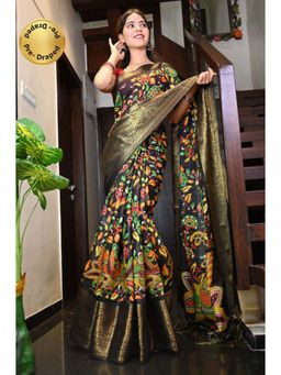 Isadora Life - Womens Floral Printed Black Pre-Draped Saree with Unstitched Blouse