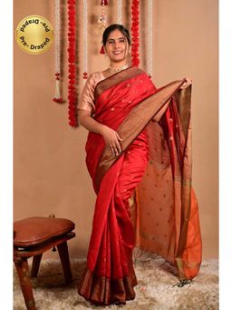 Isadora Life - Womens Woven Tassels Red Pre-Draped Saree with Unstitched Blouse