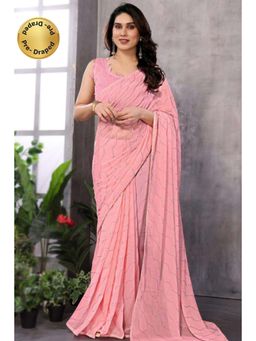 Isadora Life - Womens Beads Sequined Pink Pre-Draped Saree with Unstitched Blouse