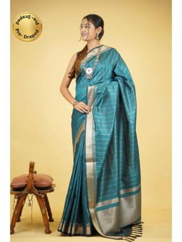 Isadora Life - Womens Stripes Zari Blue Pre-Draped Saree with Unstitched Blouse