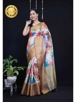 Isadora Life - Womens Floral Tassels Multi-Color Pre-Draped Saree with Unstitched Blouse