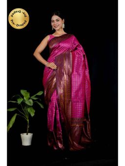 Isadora Life - Womens Checks Printed Pink Pre-Draped Saree with Unstitched Blouse
