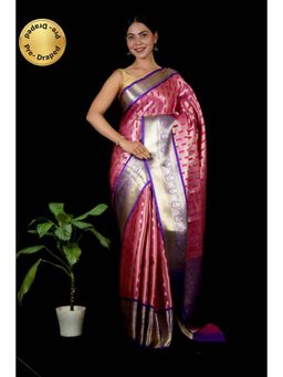 Isadora Life - Womens Woven Zari Pink Pre-Draped Saree with Unstitched Blouse