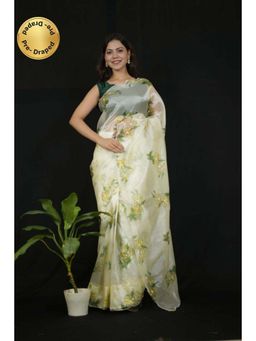 Isadora Life - Womens Floral Printed Cream Pre-Draped Saree with Unstitched Blouse