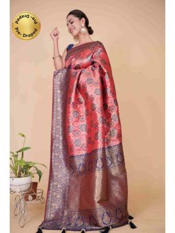 Isadora Life - Womens Woven Tassels Pink Pre-Draped Saree with Unstitched Blouse