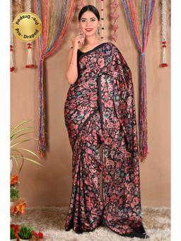 Isadora Life - Womens Floral Printed Black Pre-Draped Saree with Unstitched Blouse