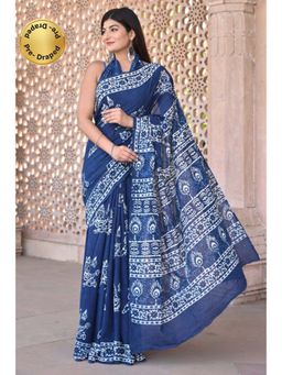 Isadora Life - Womens Printed Blue Pre-Draped Saree with Unstitched Blouse