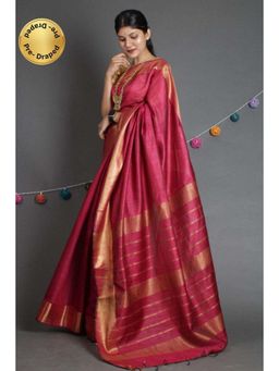 Isadora Life - Womens Woven Zari Red Pre-Draped Saree with Unstitched Blouse