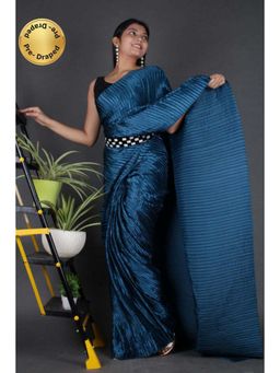 Isadora Life - Womens Pleated Plain Blue Pre-Draped Saree with Unstitched Blouse