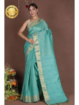 Isadora Life - Womens Woven Zari Blue Pre-Draped Saree with Unstitched Blouse