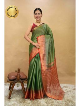 Isadora Life - Womens Woven Zari Green Pre-Draped Saree with Unstitched Blouse