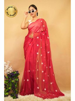 Isadora Life - Womens Embroidered Tassels Red Pre-Draped Saree with Unstitched Blouse