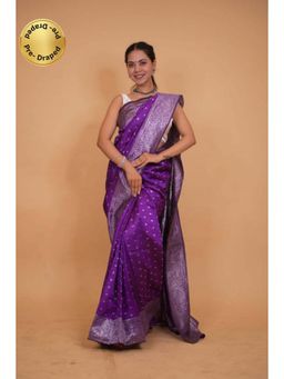 Isadora Life - Womens Woven Zari Purple Pre-Draped Saree with Unstitched Blouse