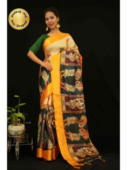Isadora Life - Womens Printed Tassels Yellow Pre-Draped Saree with Unstitched Blouse