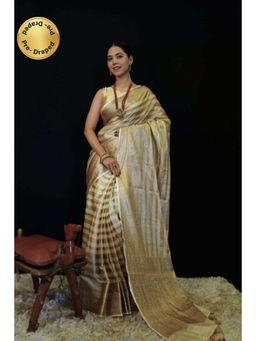 Isadora Life - Womens Stripes Tassels Gold Pre-Draped Saree with Unstitched Blouse