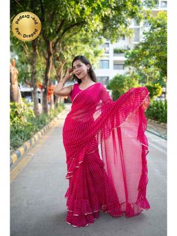 Isadora Life - Womens Stripes Leheriya Pink Pre-Draped Saree with Unstitched Blouse