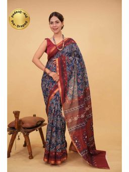 Isadora Life - Womens Printed Blue Pre-Draped Saree with Unstitched Blouse