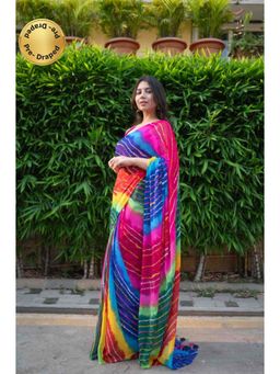 Isadora Life - Womens Tie & Dye Tassels Multi-Color Pre-Draped Saree with Unstitched Blouse