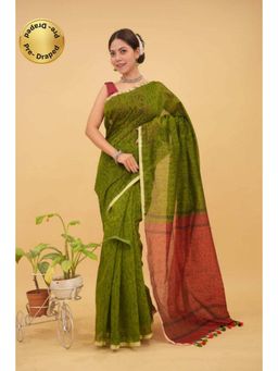Isadora Life - Womens Printed Tassels Green Pre-Draped Saree with Unstitched Blouse