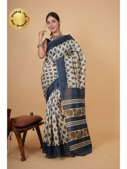 Isadora Life - Womens Block Print Off White Pre-Draped Saree with Unstitched Blouse