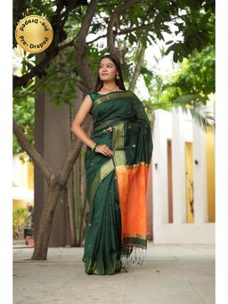 Isadora Life - Womens Woven Zari Green Pre-Draped Saree with Unstitched Blouse