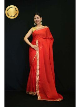 Isadora Life - Womens Solid Mirror Work Red Pre-Draped Saree with Unstitched Blouse