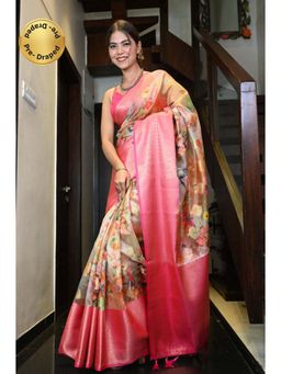 Isadora Life - Womens Floral Tassels Multi-Color Pre-Draped Saree with Unstitched Blouse