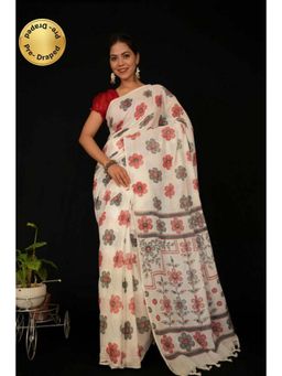 Isadora Life - Womens Floral Printed White Pre-Draped Saree with Unstitched Blouse