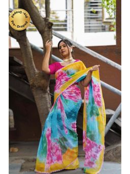 Isadora Life - Womens Tie & Dye Printed Multi-Color Pre-Draped Saree with Unstitched Blouse