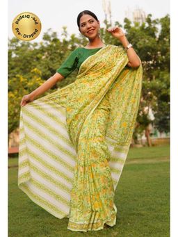 Isadora Life - Womens Floral Printed Green Pre-Draped Saree with Unstitched Blouse