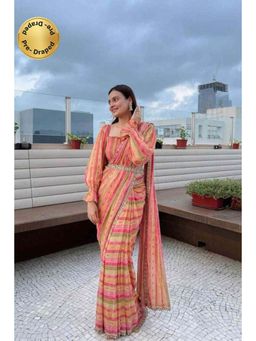 Isadora Life - Womens Stripes Tassels Multi-Color Pre-Draped Saree with Unstitched Blouse