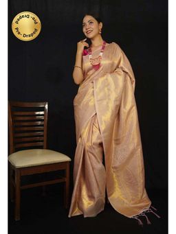 Isadora Life - Womens Woven Zari Gold Pre-Draped Saree with Unstitched Blouse