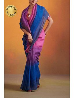 Isadora Life - Womens Ombre Printed Blue Pre-Draped Saree with Unstitched Blouse