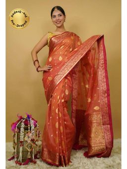 Isadora Life - Womens Woven Zari Rust Pre-Draped Saree with Unstitched Blouse