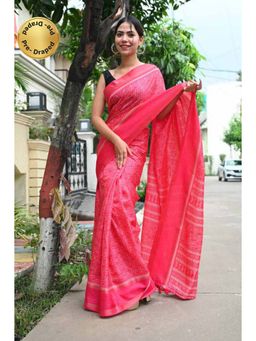 Isadora Life - Womens Printed Tassels Pink Pre-Draped Saree with Unstitched Blouse